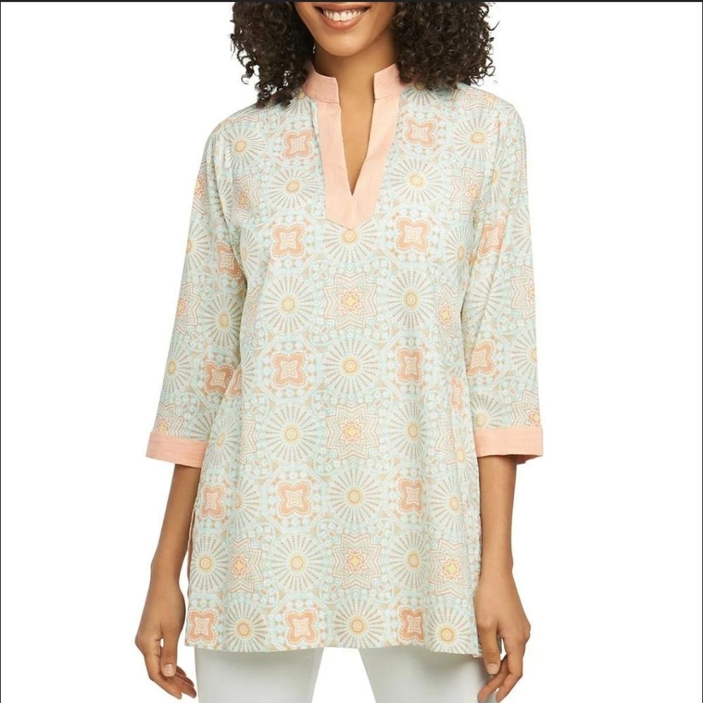 FOXCROFT Tile Print Peach & Mint‎ Tunic Size 16 Coastal Resort Lagenlook Relaxed